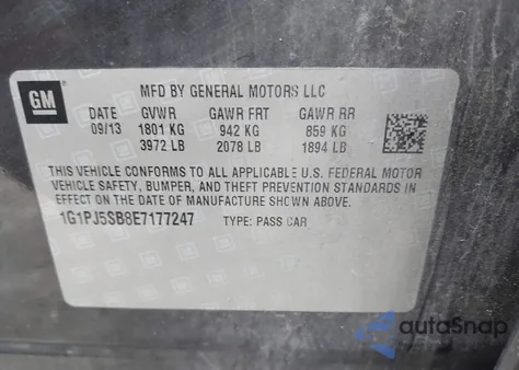 2014 Chevrolet Cruze Eco Manual from USA, damaged, VIN 1G1PJ5SB8E7177247